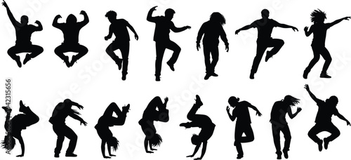 Silhouettes of people dancing in dynamic poses, street dance vector illustration, hip hop breakdance movement, energetic dancer silhouettes, modern dance style, creative motion art