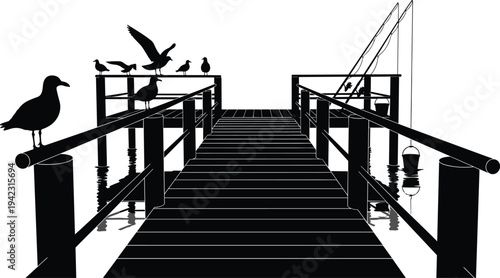 Black silhouette illustration of wooden pier with birds, fishing rods, and bucket over water, symbolizing nature, leisure, fishing activity, dockside scenery, and creative artwork projects