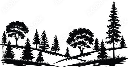 Black-and-white silhouette illustration of forest landscape with coniferous and broadleaf trees, sloping hills, grass patches, symbolizing nature, wilderness, symmetry, persective, and creative artw