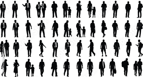 Silhouettes of people, walking business figures, casual and formal characters, urban crowd illustration, diverse group pose, men women children silhouettes, lifestyle vector art