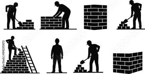 Bricklayer worker silhouettes building brick wall with trowel and ladder, masonry construction process and brickwork labor concept vector illustration set isolated