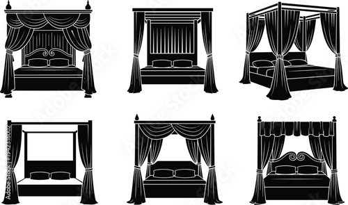 Canopy bed silhouettes collection with luxury bedroom furniture designs, classic four poster beds with curtains and drapes vector illustration set isolated on white