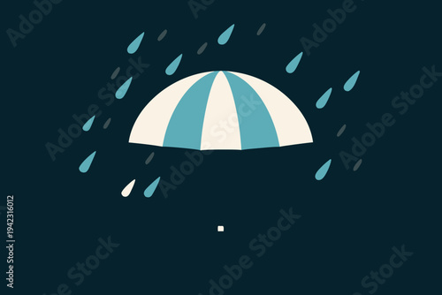 A striped umbrella protects from falling raindrops on a teal background