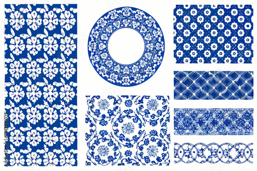 Assortment of blue and white floral and geometric porcelain patterns