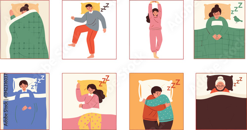 Cartoon illustration of eight people sleeping in different positions with blankets, couple hugging, elderly person, symbols of rest, symbolizing sleep habits, lifestyle, and creative artwork projects