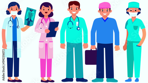 Diverse group of healthcare professionals in a cartoon illustration