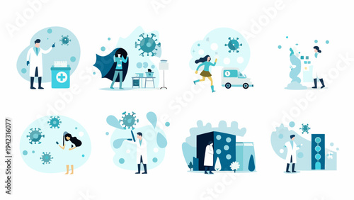 Illustrations depicting healthcare workers and the fight against disease outbreaks