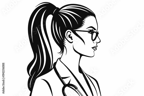 Stylish woman in profile with a high ponytail and sunglasses