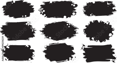 A collection of nine black grunge brush strokes and textured frames featuring heavy ink splatters, distressed edges, and organic hand-drawn shapes for creative urban designs.