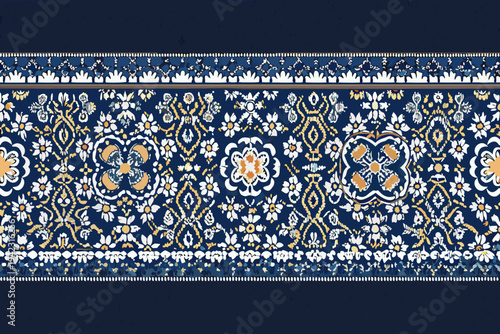 Intricate repeating floral and geometric pattern in navy white and gold
