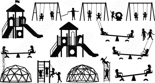 Children playground silhouettes set with swings, slides, seesaw, climbing dome and kids playing, outdoor park activity vector icons collection isolated on white background