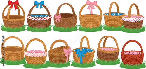 Collection of colorful wicker Easter baskets with bows and fabric lining on grass, festive spring holiday decoration set, traditional egg hunt basket illustration