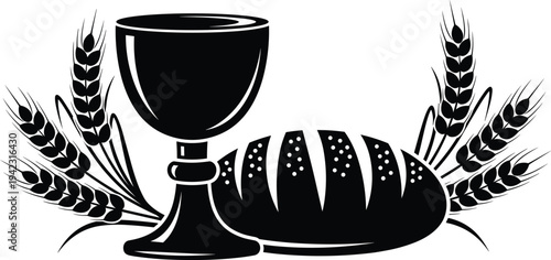 Christian communion symbols with chalice, bread loaf and wheat ears silhouette, religious sacrament concept for church, Eucharist and Holy Communion vector illustration isolated