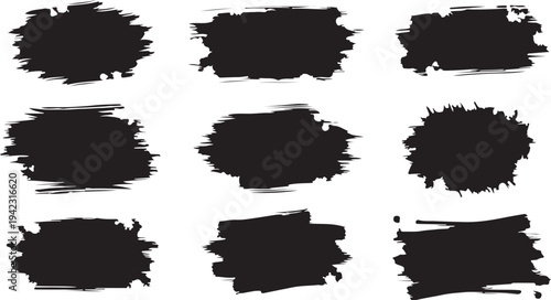 A collection of nine black textured paint brush strokes and distressed frames with ink splatters and rough edges on white background, ideal for urban and punk-rock design elements.