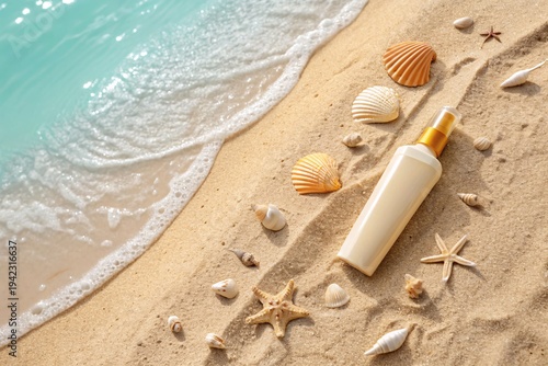 Sunscreen bottle on sandy beach with seashells and starfish