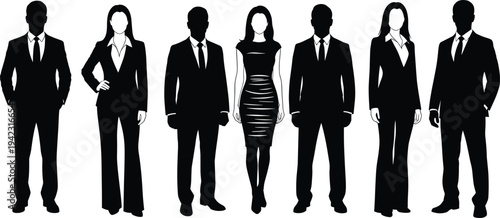 Business professionals standing together, formal corporate attire, team diversity concept, office teamwork silhouette, professional dress code, business group illustration, career people clipart, 