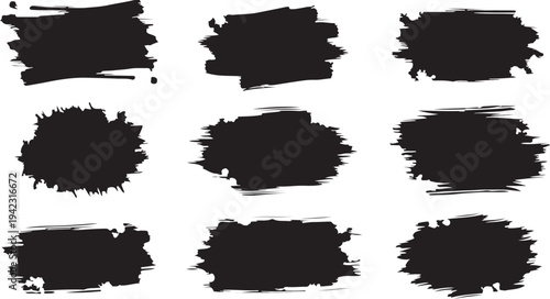 A collection of nine black textured paint brush strokes and distressed frames with ink splatters and rough edges on white background, ideal for urban and punk-rock design elements.