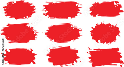 A set of nine textured red paint brush strokes and distressed frames with ink splatters and rough edges on white background, for bold graphic design elements.