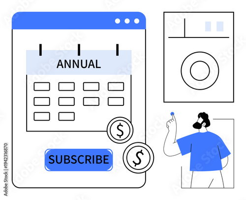 Ecommerce, subscription services, digital payments, annual plans, online shopping, financial management. Calendar with annual label, dollar symbols and a user interacting. Ecommerce and subscription
