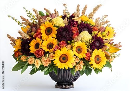 Autumn Sunflower and Rose Arrangement in Dark Urn