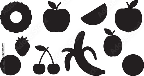 A collection of clean, solid black fruit silhouettes including an apple, banana, cherries, strawberry, and pineapple.