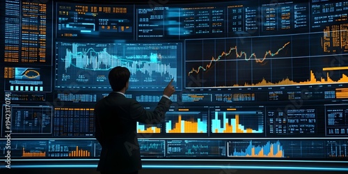 Businessman Analyzing Financial Data on Large Screen
