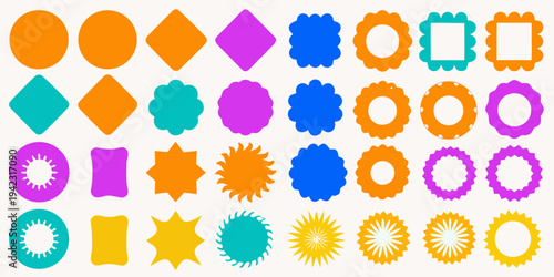 Colorful geometric shapes and borders arranged in neat rows and columns