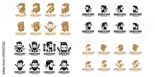 A collection of flat illustrations of men's faces with various hairstyles and shaving tools for barbershop logo designs, products for men.