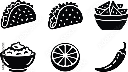 Mexican Food Icon Set with Tacos Nachos Guacamole Lime and Chili Pepper Retro Black and White Vector Illustration for Restaurant (Exactly 20 words)