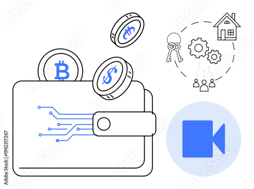 Cryptocurrency, digital transactions, blockchain technology, real estate, financial management, online connectivity. Digital wallet with Bitcoin and dollar coins, homeownership elements, video icon