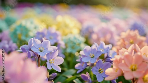 Close-up of a vibrant field of colorful flowers blooming in spring, showcasing natures beauty.