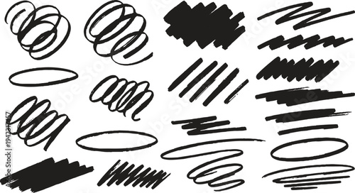 A versatile collection of expressive black marker doodles featuring dense hatching, loose circular loops, and energetic pen scrawls.