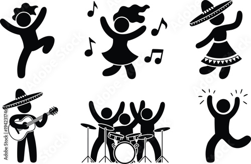 Set of Mexican Fiesta Party People Silhouettes with Dancers Musicians Guitarist and Drummer Retro Black and White Vector Illustration Icon (Exactly 20 words)
