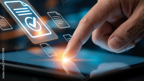 Digital business compliance concept featuring global legal documents and regulatory policy requirements on touchscreen interface with finger touching glowing document icon for secure data management