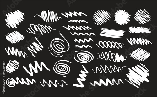 A versatile set of expressive white marker scribbles featuring dense hatching, loose circular loops, and energetic pen scrawls on black.
