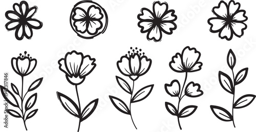 A versatile collection of black ink floral doodles, featuring various blooming flower heads and leafy stems.