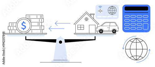Financial planning, investment decisions, asset valuation, mortgage management, money lending, budgeting. Balance scale with money, house car and calculator. Financial planning and investment