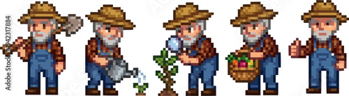 pixel art of a senior farmer in overalls and straw hat performing various tasks including watering plants and harvesting vegetables.