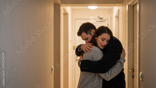 Young couple embracing in a hallway at home. Man comforting sad woman during emotional moment. Relationship support concept