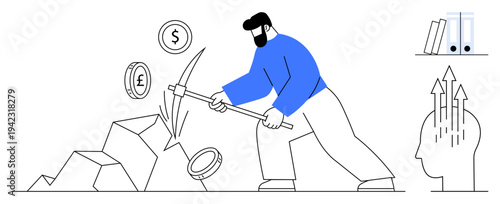 Financial growth concept. A man breaking rocks to reveal currency symbols highlighting financial growth, currency exploration, and wealth accumulation. Great for finance, investment, or success