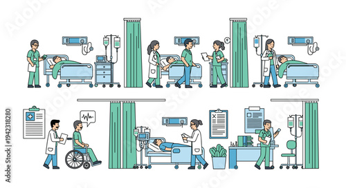 Six distinct hospital ward scenes depict medical staff interacting with patients and equipment like IV drips and monitors on a white background.