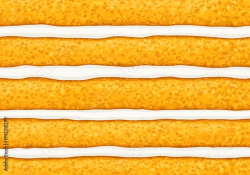 Close-up digital illustration showcases a repeating, horizontal pattern of porous, golden-baked sponge cake layers separated by perfectly smooth, wavy lines of delectable white cream