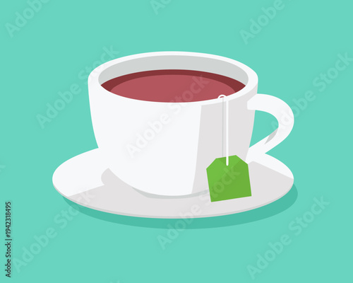 A simple illustration of a white cup filled with hot tea and a tag
