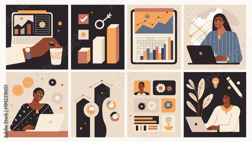 Illustrative panels depict business concepts technology and creative work