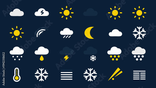 A collection of flat design weather icons depicting various atmospheric conditions