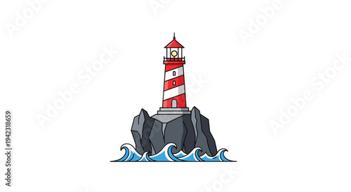 A vibrant red and white striped lighthouse with a red roof stands on a rugged grey rocky island with blue ocean waves.