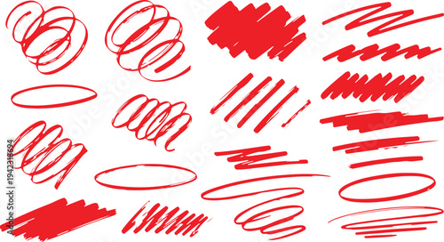 A vibrant collection of bold red marker scribbles, expressive circular loops, and energetic pen hatching.