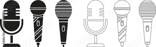 Collection of six different microphone illustrations in black and white