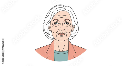 A stylized bust illustration depicts an older woman with short grey hair and a neutral expression, wearing a peach blazer over a teal top.