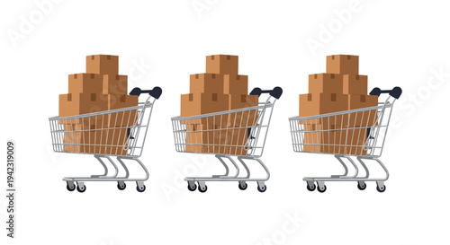 Three identical silver shopping carts, each filled with numerous stacked brown cardboard boxes, are arranged horizontally against a clean white background.